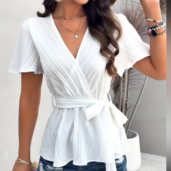 White Short Sleeve Belted Ruffle Hem Blouse - Picture 5 of 8